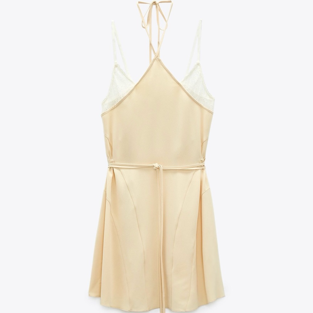 Zara mellow yellow combination lace dress with halter neckline